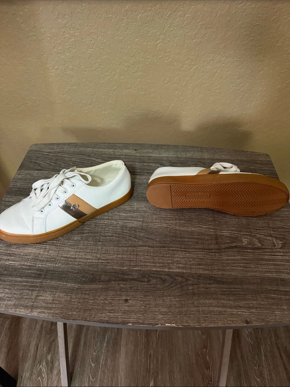 Lauren Ralph Lauren White Leather Sneakers with Brown & Black Accent Stripes